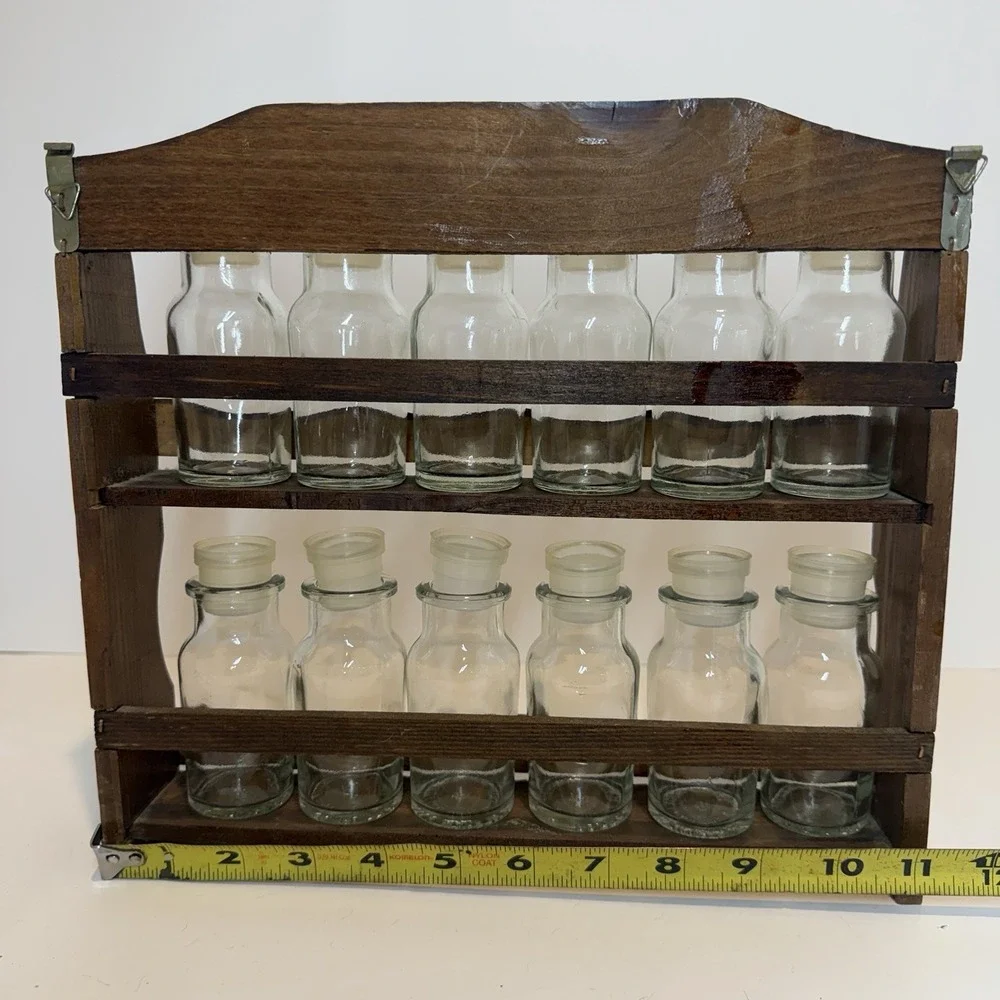 Vintage Wooden Hanging Spice Rack, 12 Glass Spice Bottles